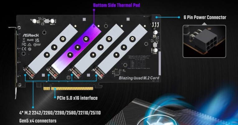 With the ASRock Blazing Quad M.2 card, you can connect up to four PCIe Gen5 NVMe SSDs
