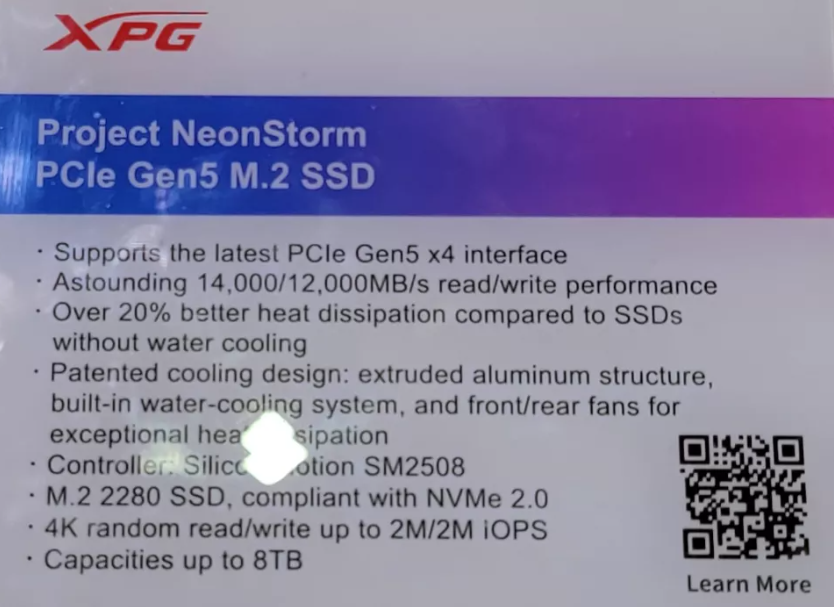 Specifications for the Adata SSD with Internal Liquid Cooling: Up to 14GB/s