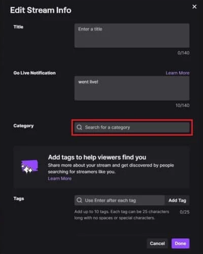 How to Add a Category on Twitch PC