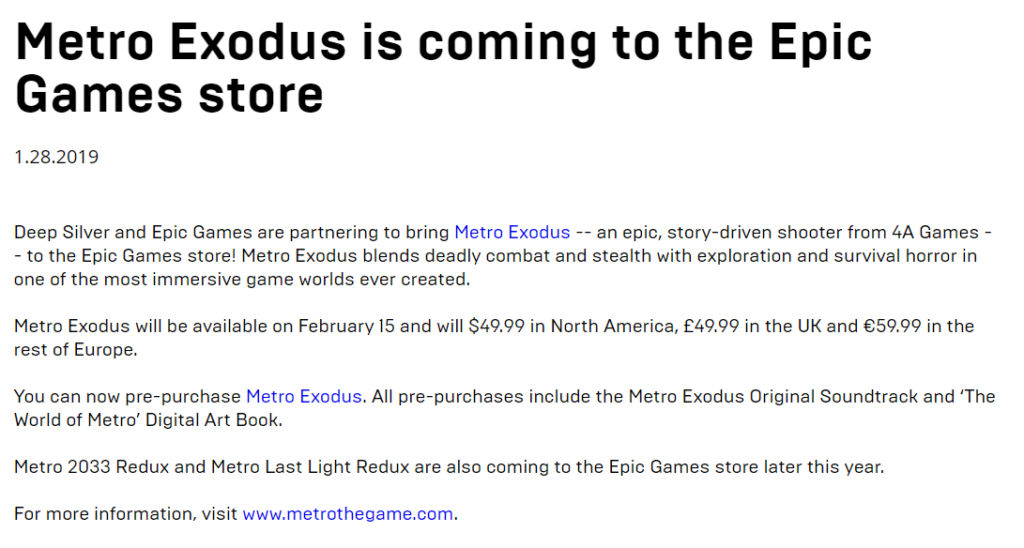 Metro Exodus won't come to Steam at Launch, thanks to Epic Game Store
