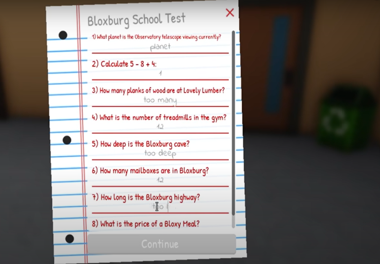 Bloxburg School Test Answers